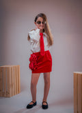 Deep-red skirt with bold roses