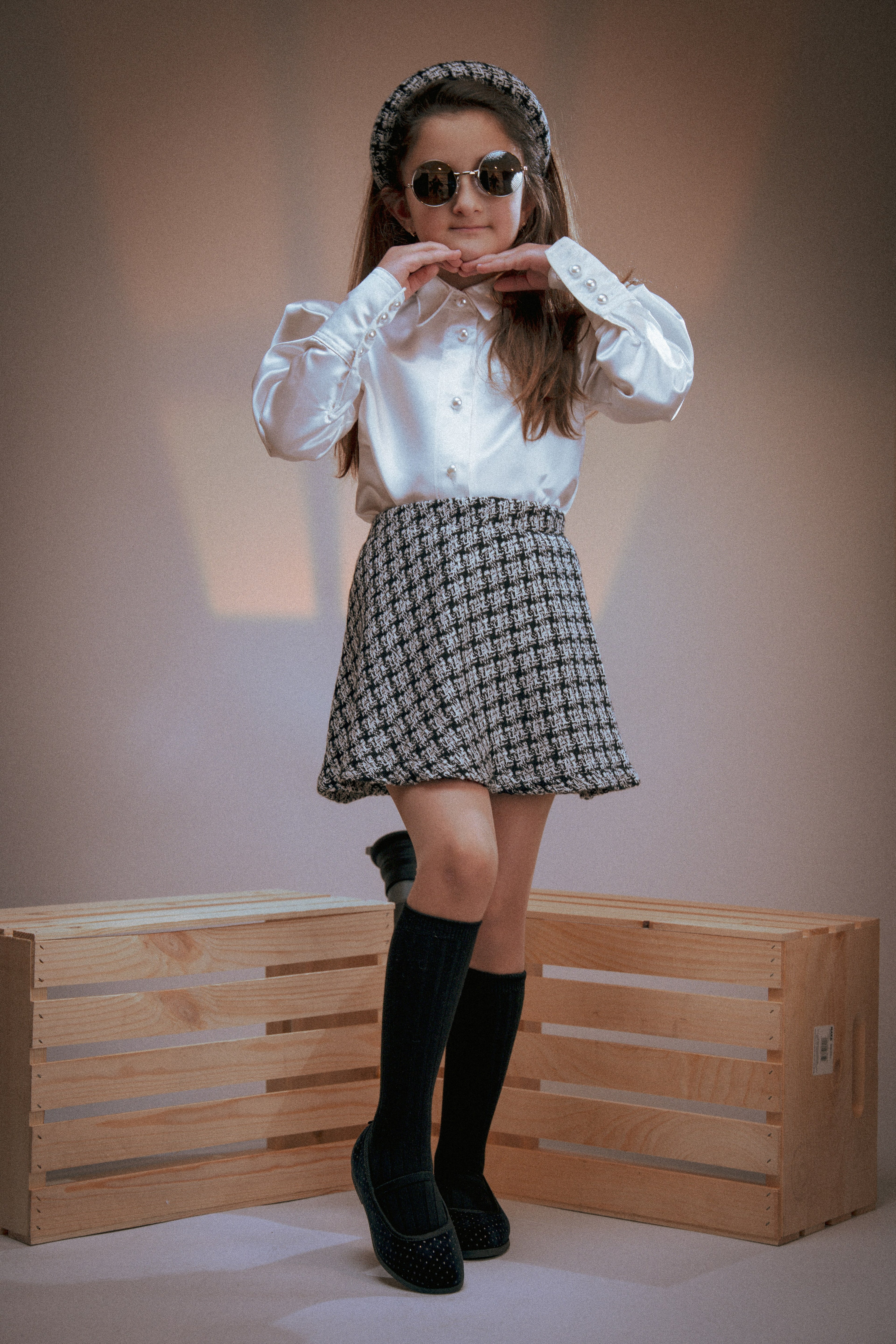 Tweed checkered skirt set with matching headband