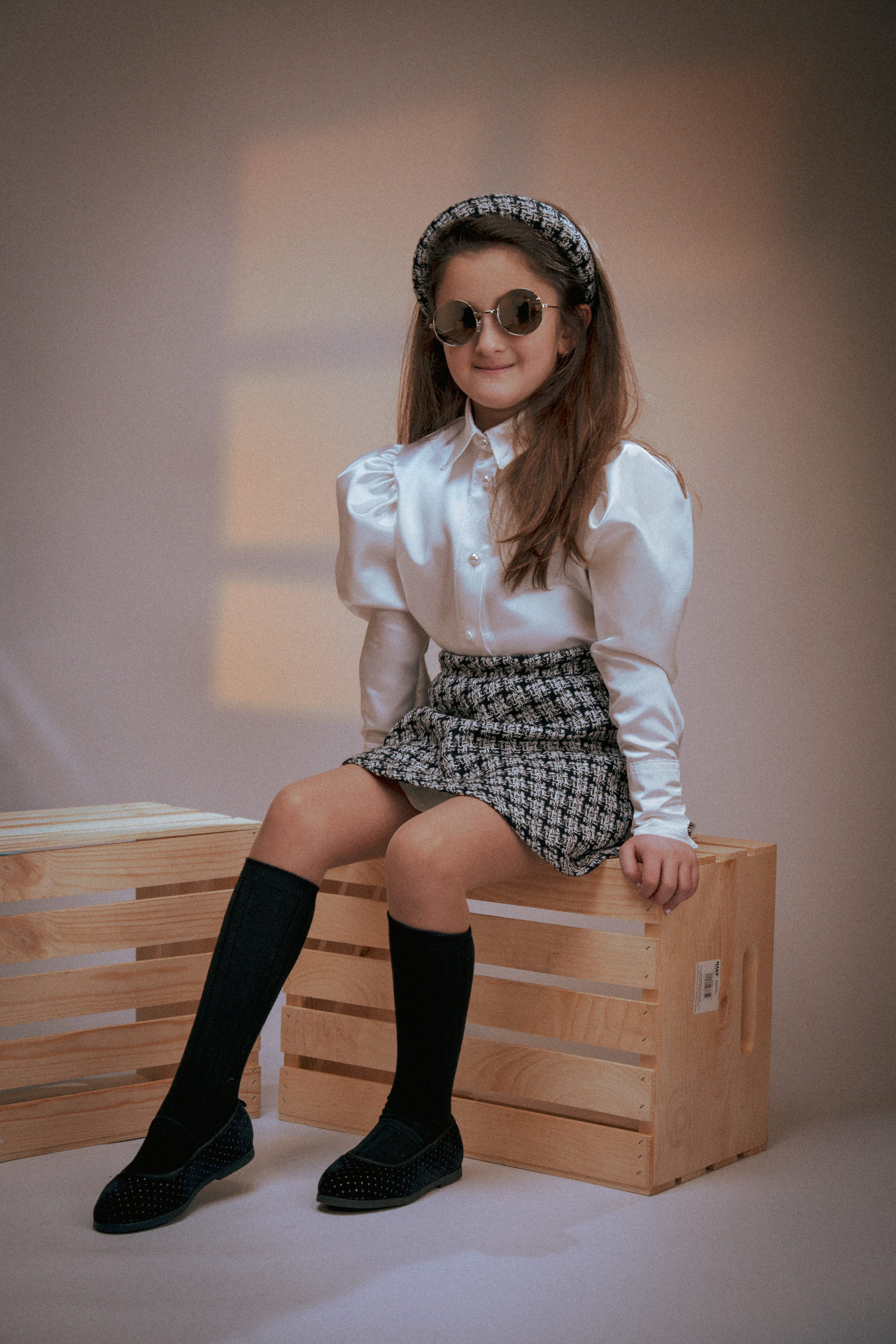 Tweed checkered skirt set with matching headband