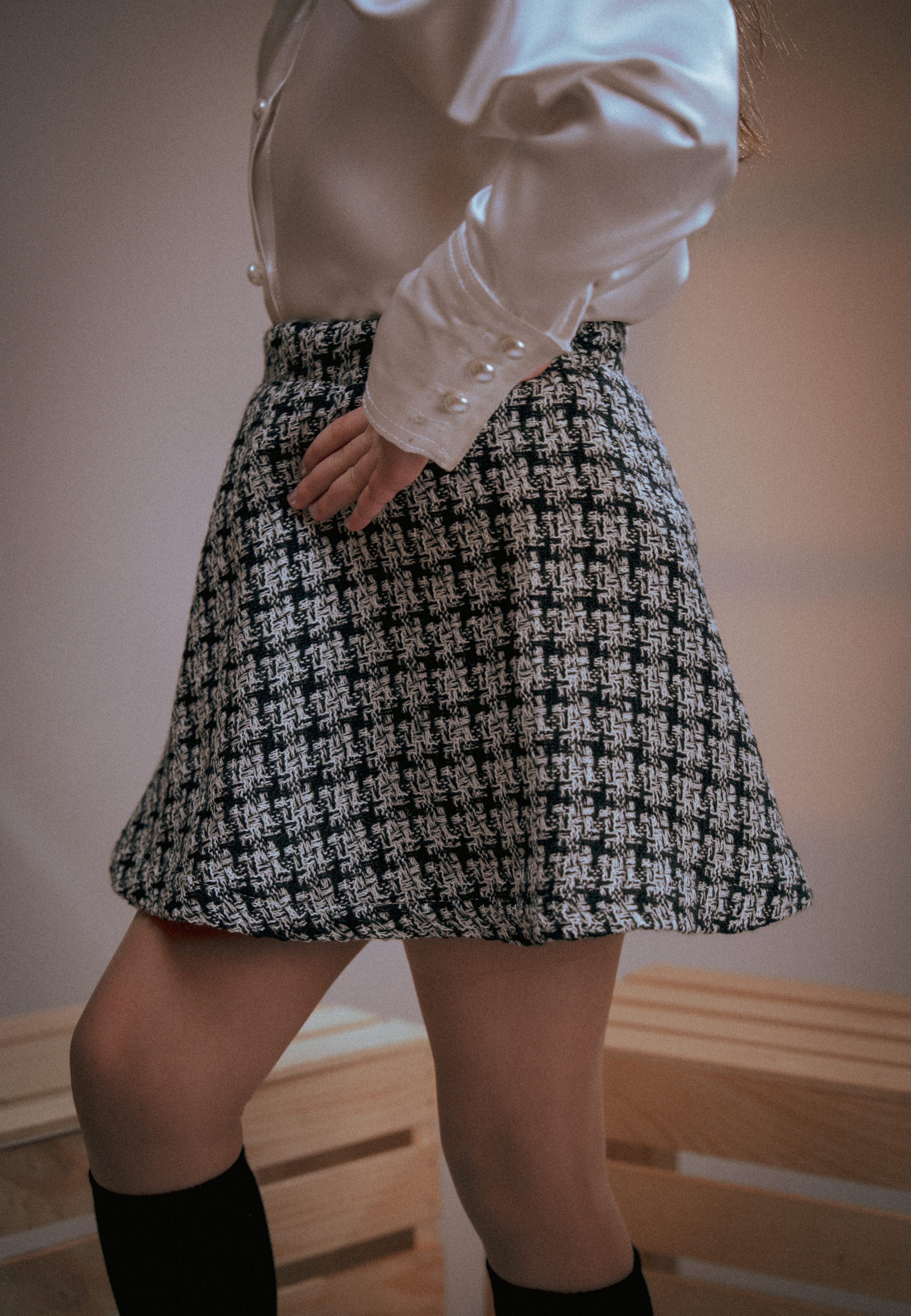 Tweed checkered skirt set with matching headband